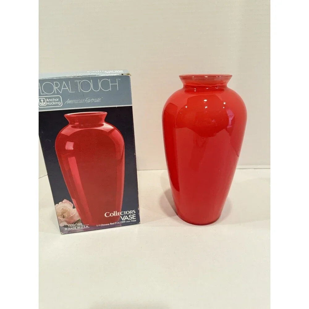 VTG Anchor Hocking Floral Touch Chinese Red Glass Vase 9